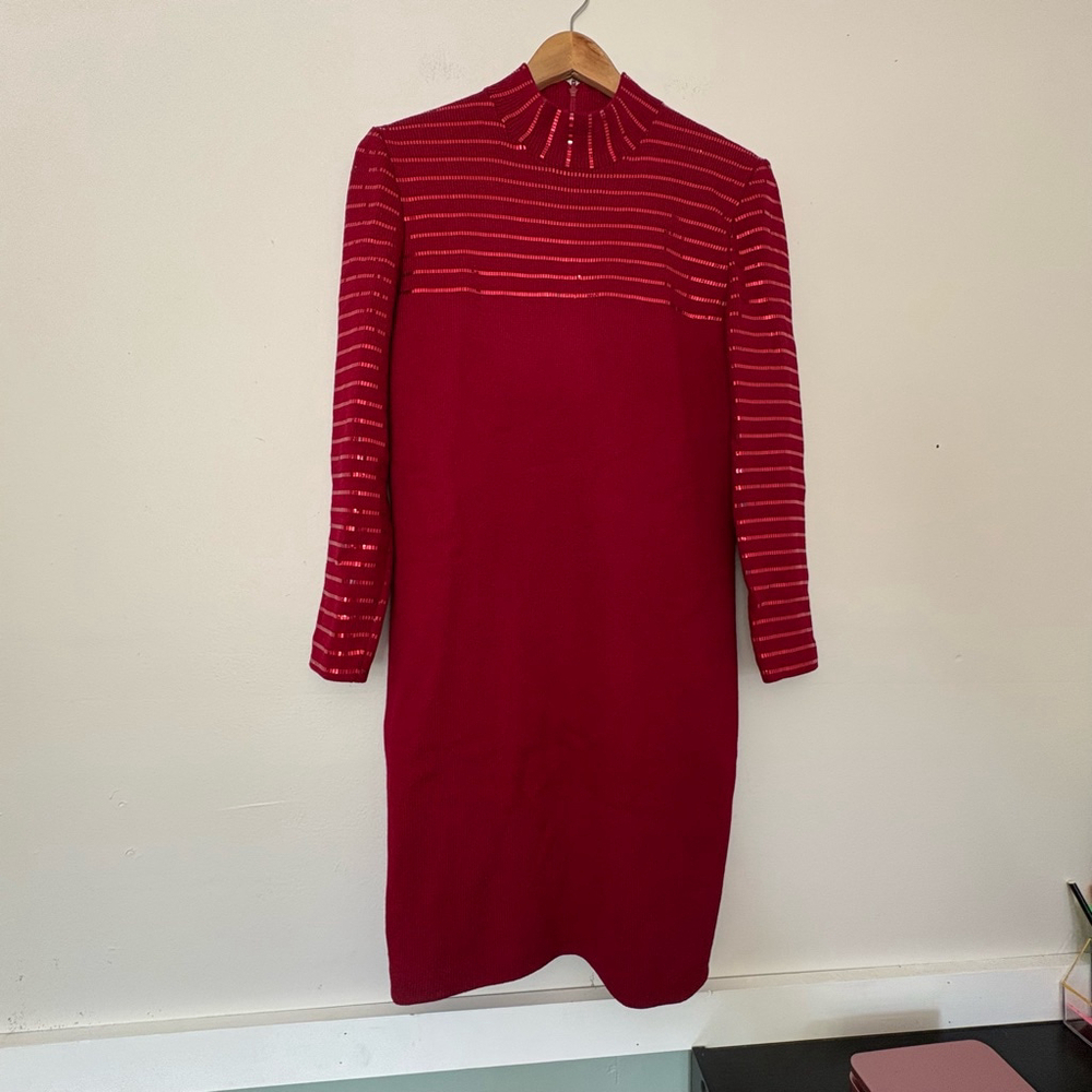 St. John Evening Dress sequin embellished mock neck Santana knit Size 6 red wool